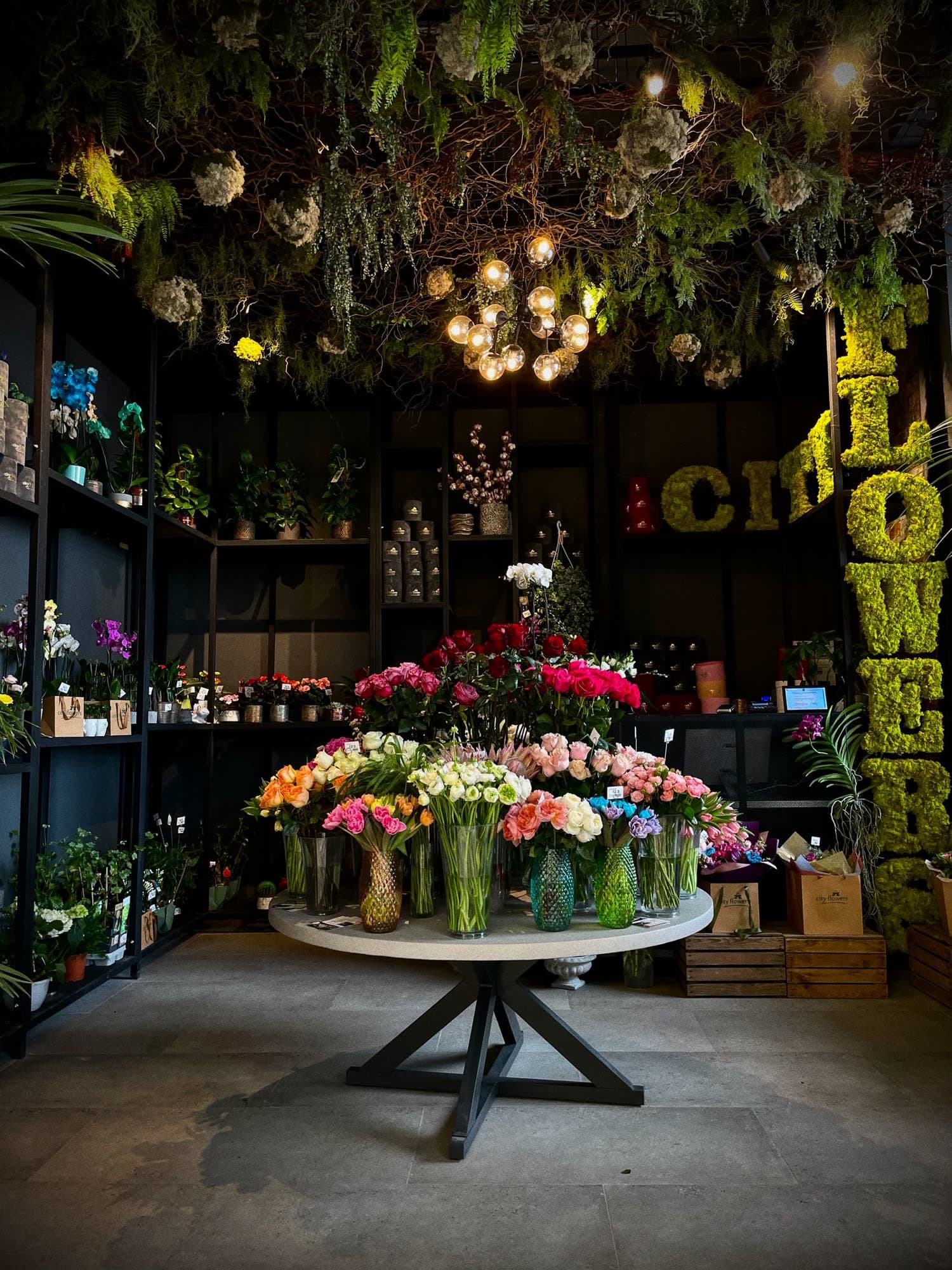 A modern, urban flower shop interior